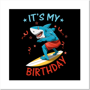 Funny Shark Birthday Summer Surfer Bday Surfboard Posters and Art